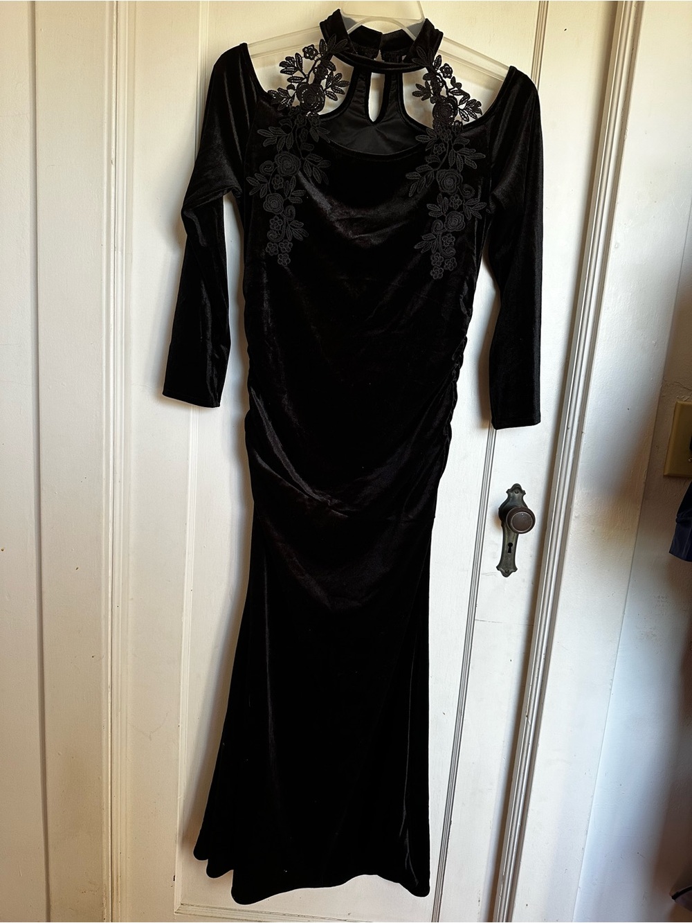 NWOT Black Velvet Evening Gown with Floral Lace Yoke